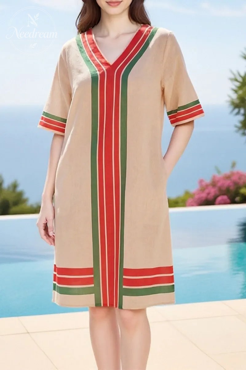 Greek-style Striped V-neck Pocket Dress