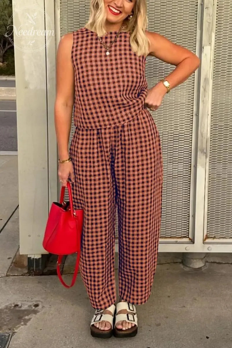 Summer New Women's 2 Piece Set Cotton Plaid Crop Top Loose Fit Pocket Nine-Tenths Pants