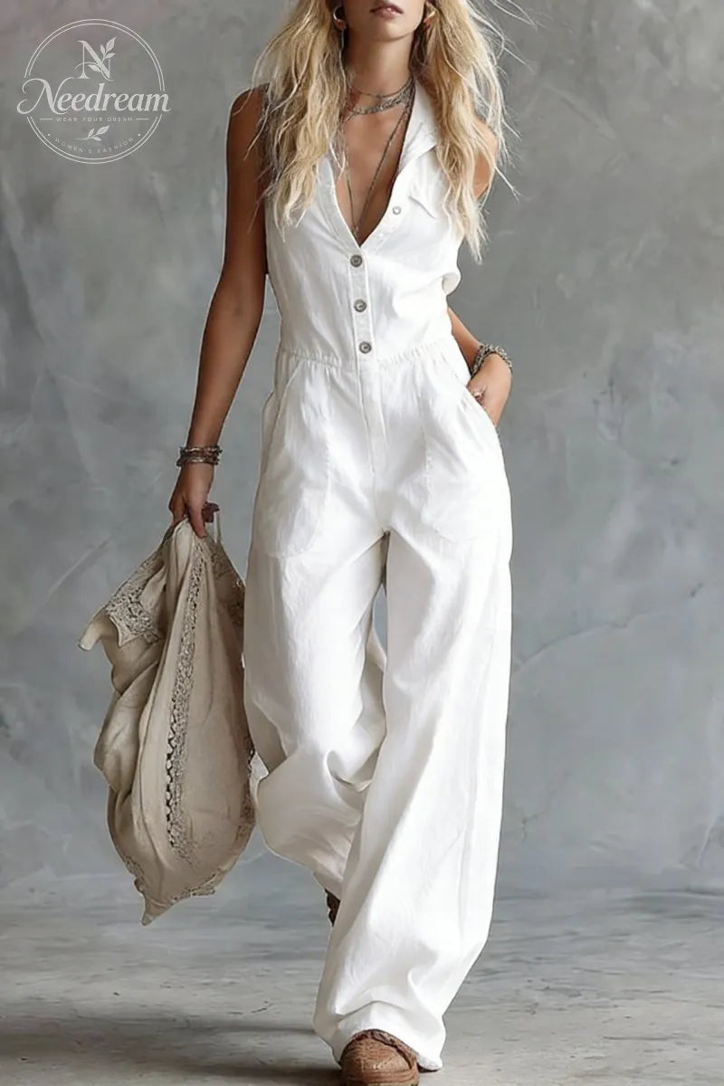 V-Neck Front-Button Sleeveless Jumpsuit