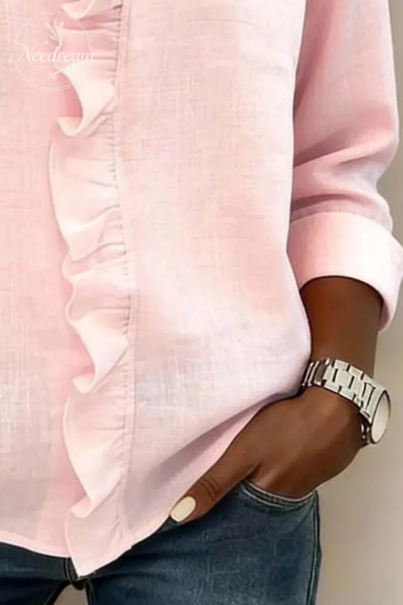 Ruffled V-Neck Long-Sleeved Cotton Shirt