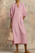 Stylish Zippered Loose Linen-cotton Midi Dress