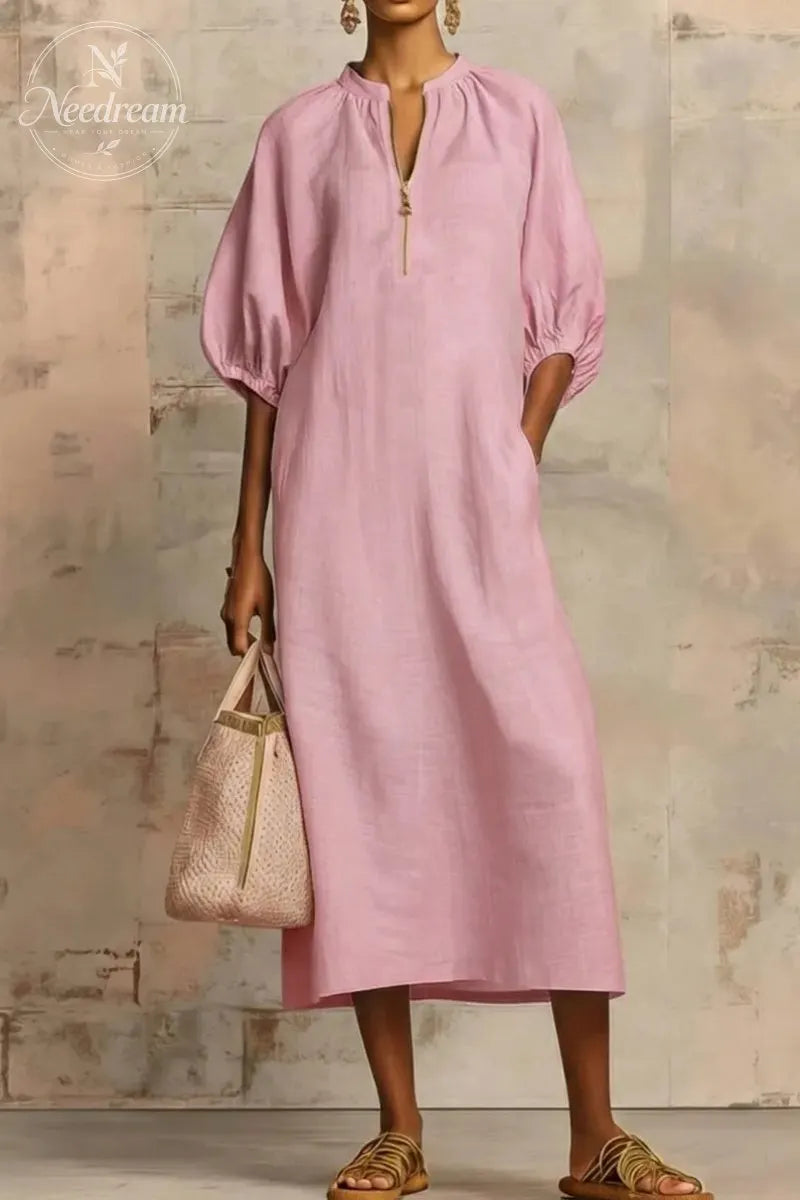 Stylish Zippered Loose Linen-cotton Midi Dress