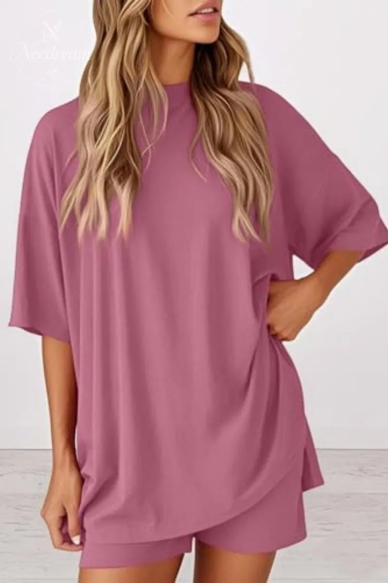 Women 2 Piece Outfits Crew Neck Oversized Tshirts and Biker Shorts with Pocket Matching Lounge Sets