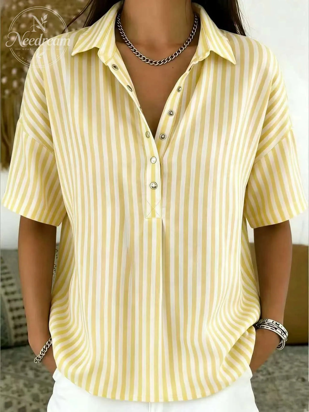 Women‘s Casual Striped Polo Collar Snap Buttons Cotton-linen Shirt