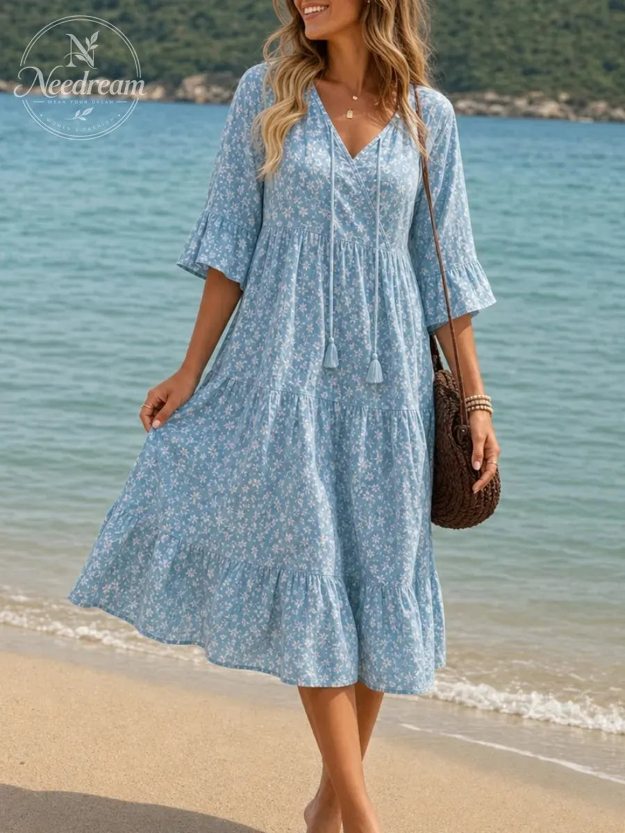 Floral Tiered Midi Dress with V-Neck Tie