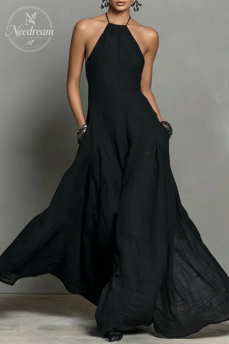 Women's Minimalist Linen Blend Halter Neck Sleeveless Maxi Dress