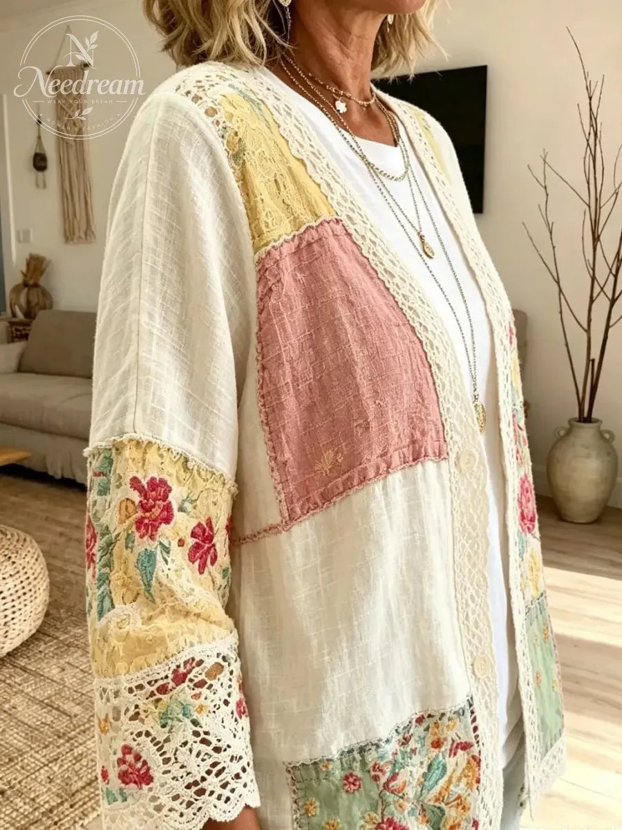 Retro Patchwork Floral V-Neck Cardigan with Lace Trim