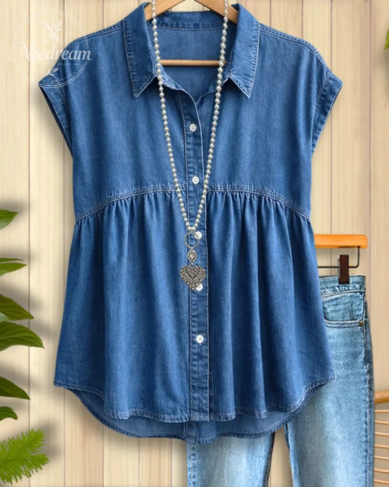 Women's Lapel Short-sleeved Casual Loose Denim Shirt
