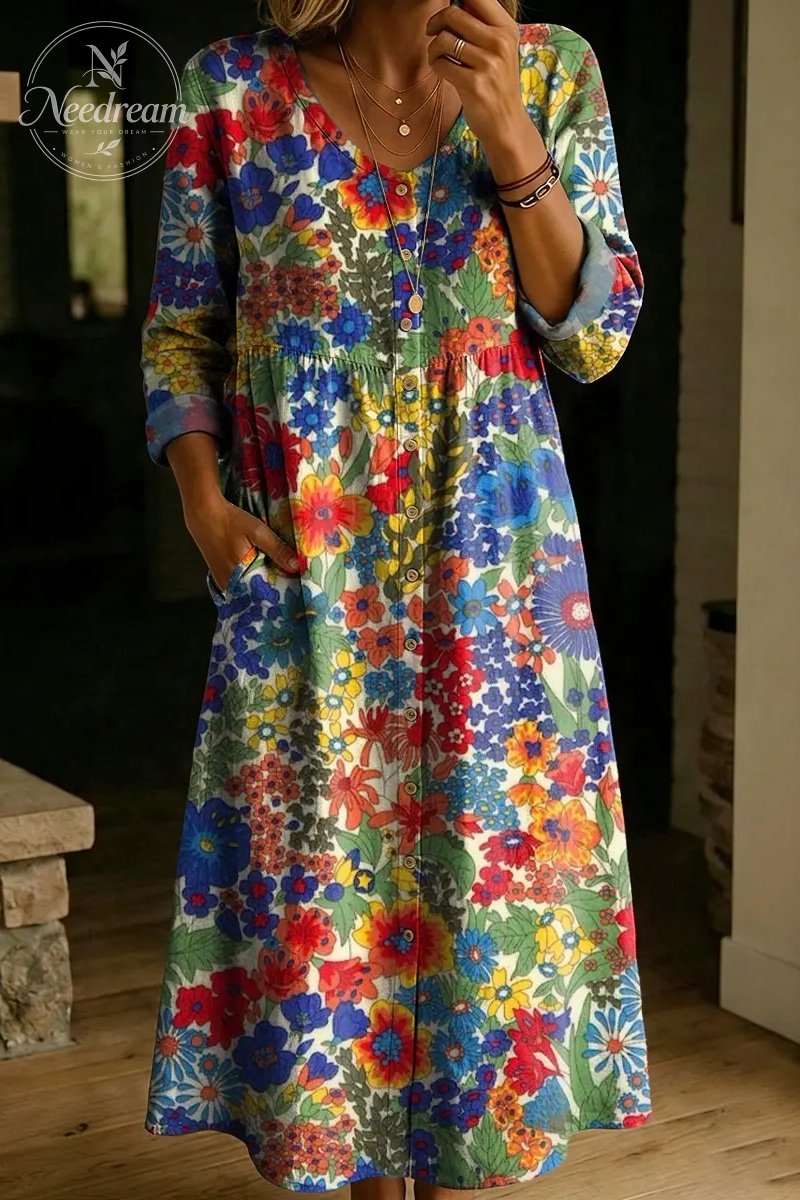 Women's Floral Art Print V-Neck Long Sleeve Button Cotton Pocket Dress