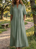 🔥 Women'S V-Neck Short-Sleeved Pleated Cotton-Linen Dress