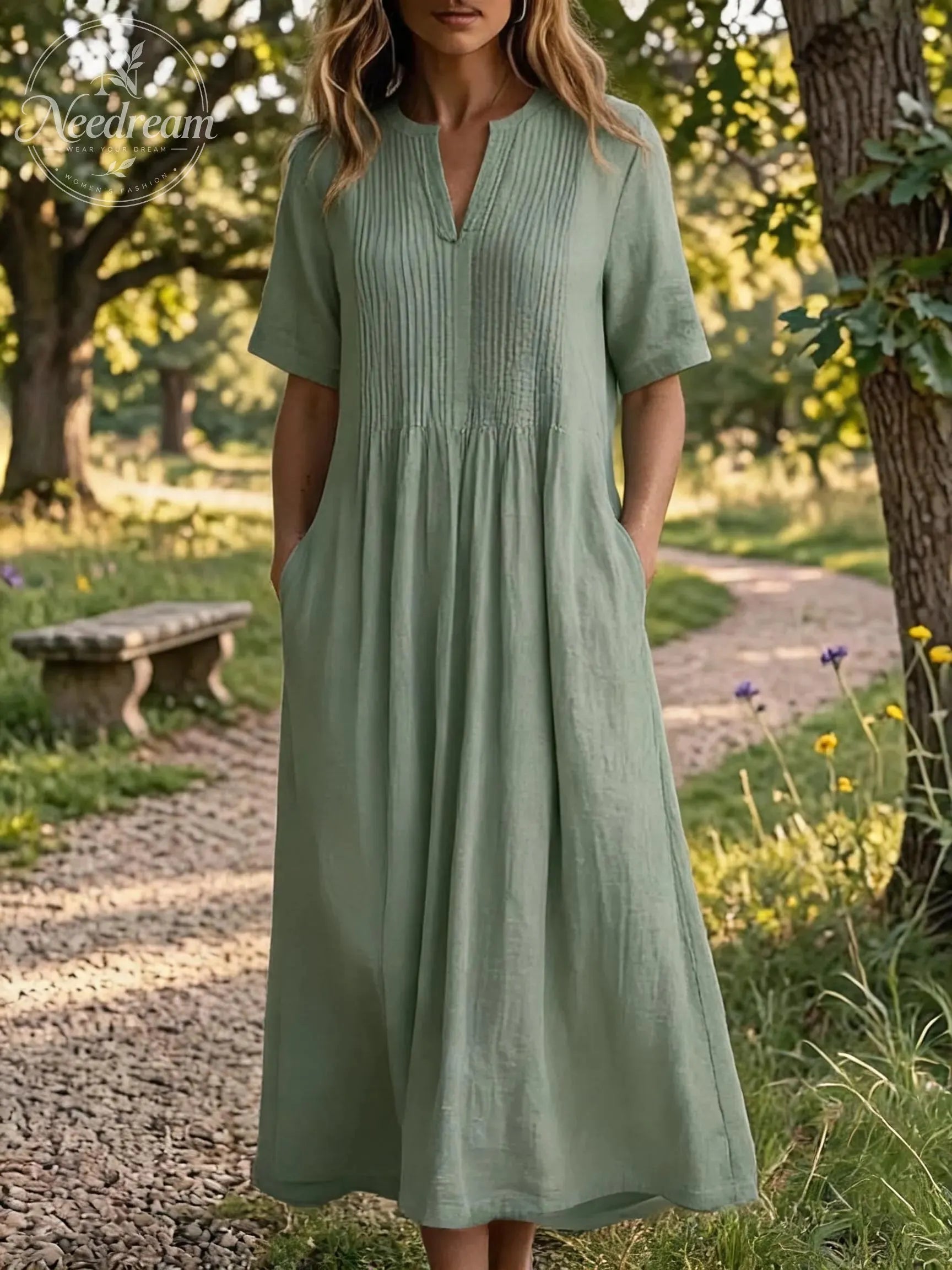 🔥 Women'S V-Neck Short-Sleeved Pleated Cotton-Linen Dress