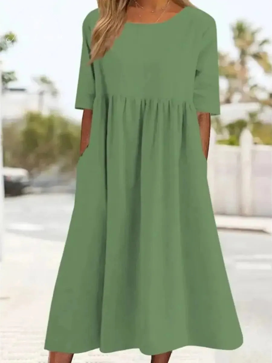 Women's Summer New Cotton and Linen Casual Short Sleeve Pocket Fold Loose Round Neck Dress