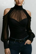 Women's Black Patchwork Mesh High Neck Cold Shoulder Long Sleeve Blouse