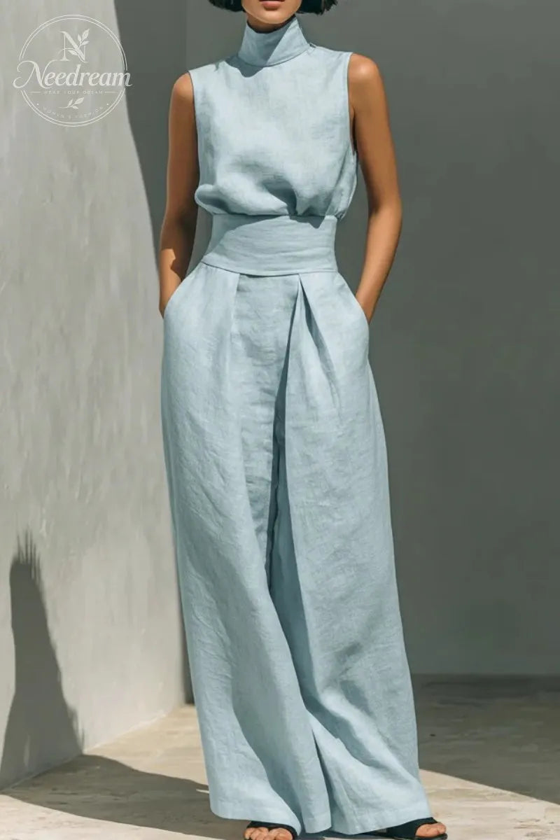 Women's Minimalist Cotton And Linen Blend Sleeveless Blouse And Wide-leg Pants Set