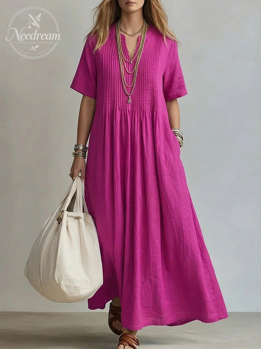 🔥 Women'S V-Neck Short-Sleeved Pleated Cotton-Linen Dress