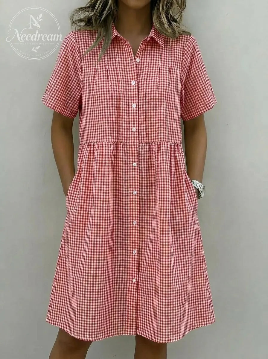 Today 49% off🔥Women’s Cotton Linen Gingham Button-Up Shirt Dress