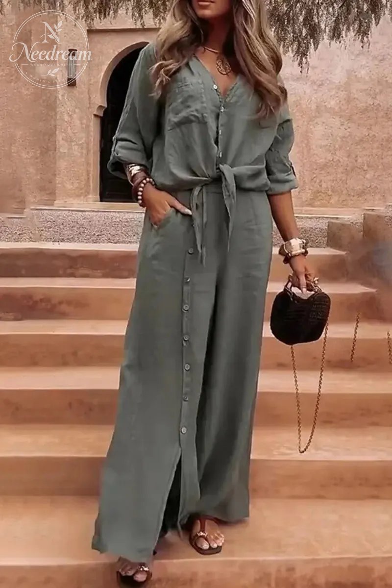 Tie-up Shirt Single-breasted Long Pants Set