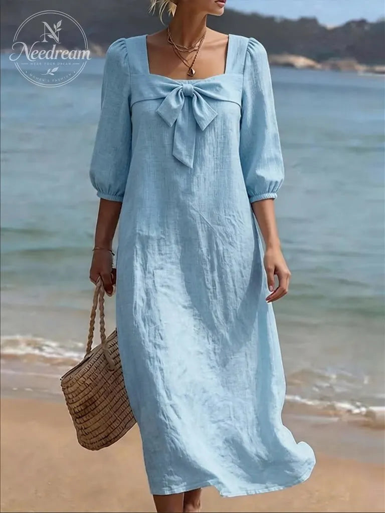 Stylish Square-neck Linen And Cotton Bow Dress