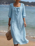 Stylish Square-neck Linen And Cotton Bow Dress