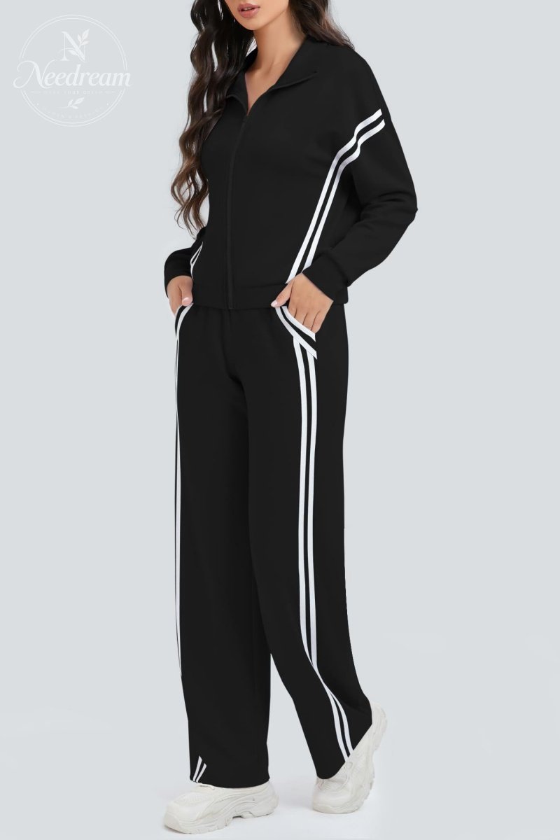 Zippered Tracksuit With Color-blocked Striped Wide-leg Pants