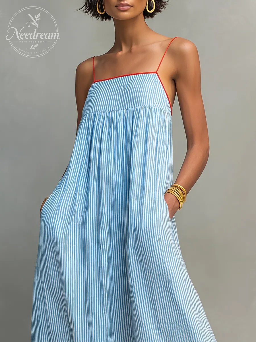 Women's Minimalist Striped Maxi Dress With Red Trim And Spaghetti Straps