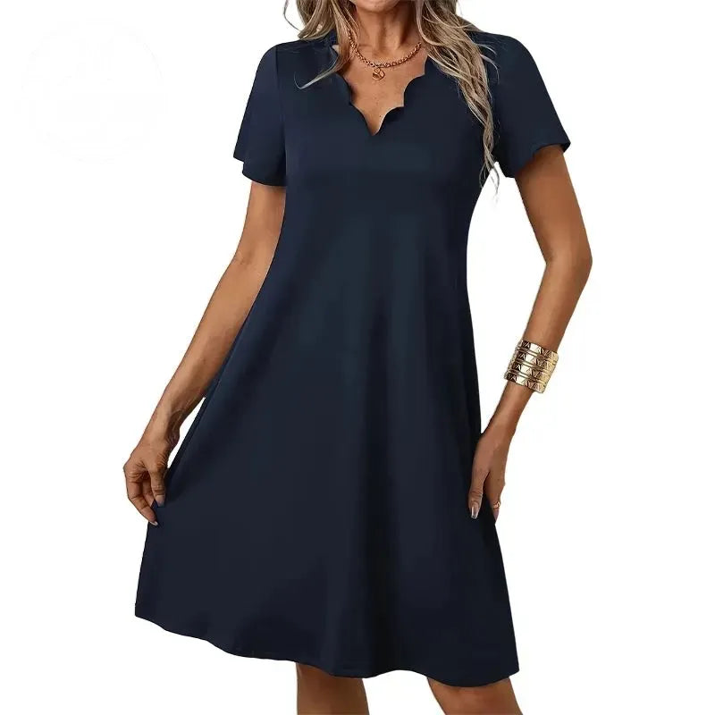 Women's Scalloped V-Neck High Waist Solid Color Dress