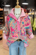 Retro Paisley Print Striped Collar Three Quater Sleeve Blouse