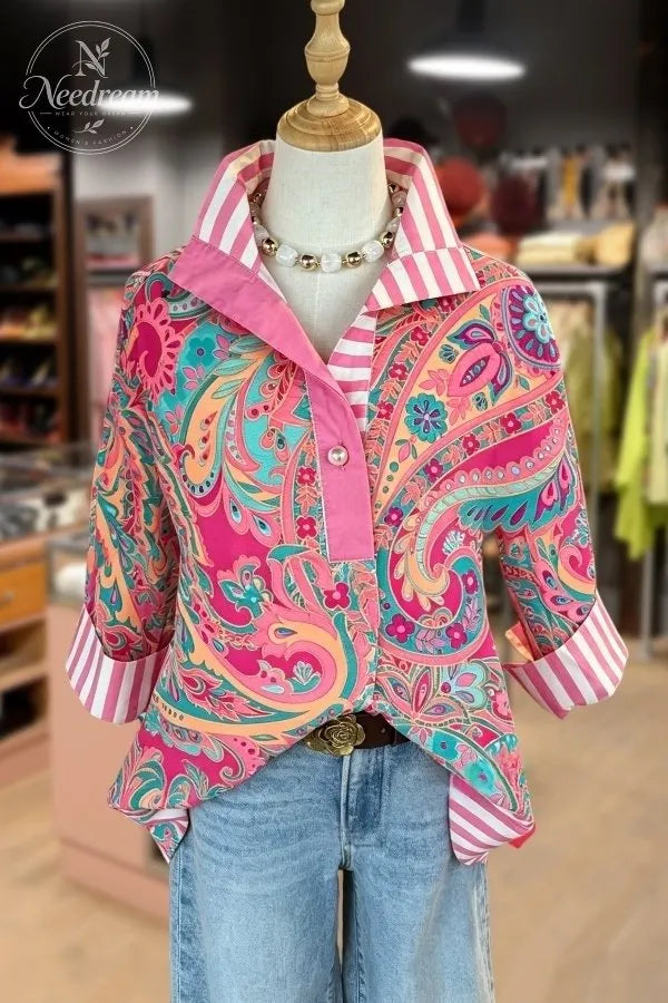 Retro Paisley Print Striped Collar Three Quater Sleeve Blouse