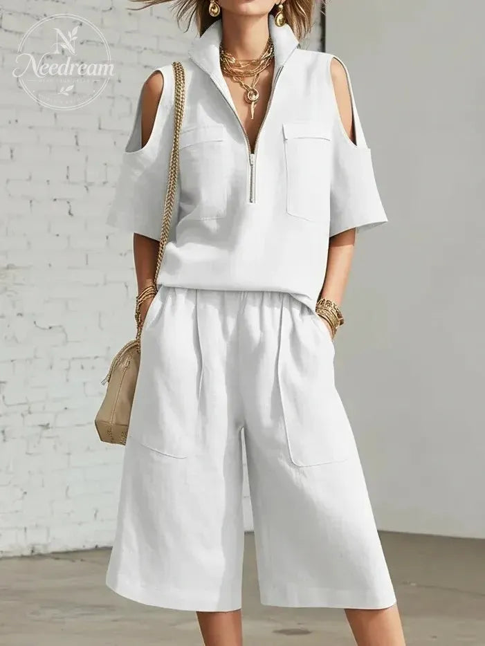 Stand-Up Collar Zipper Off-Shoulder Short-Sleeved Top And Cropped Wide-Leg Pants Two-Piece Set