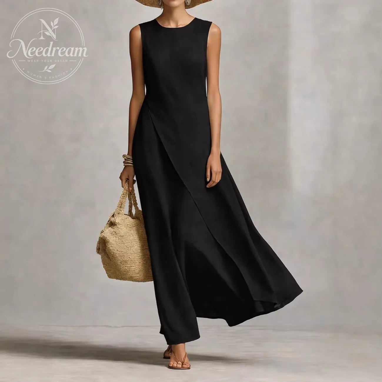 Women's Ivory Breathable Linen Dress With Sleeveless Detail & Asymmetric Hem, Contemporary Casual-Feminine Style Dress
