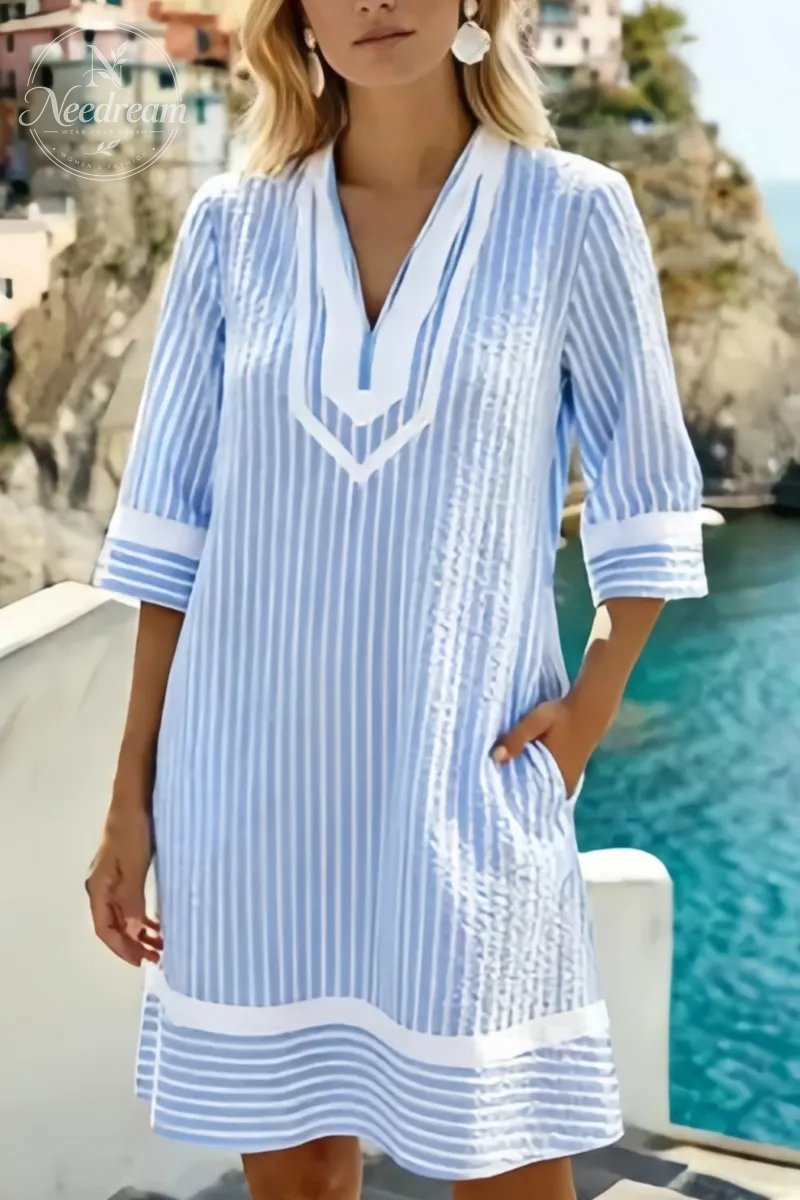 V-Neck Short Sleeve Striped Dress