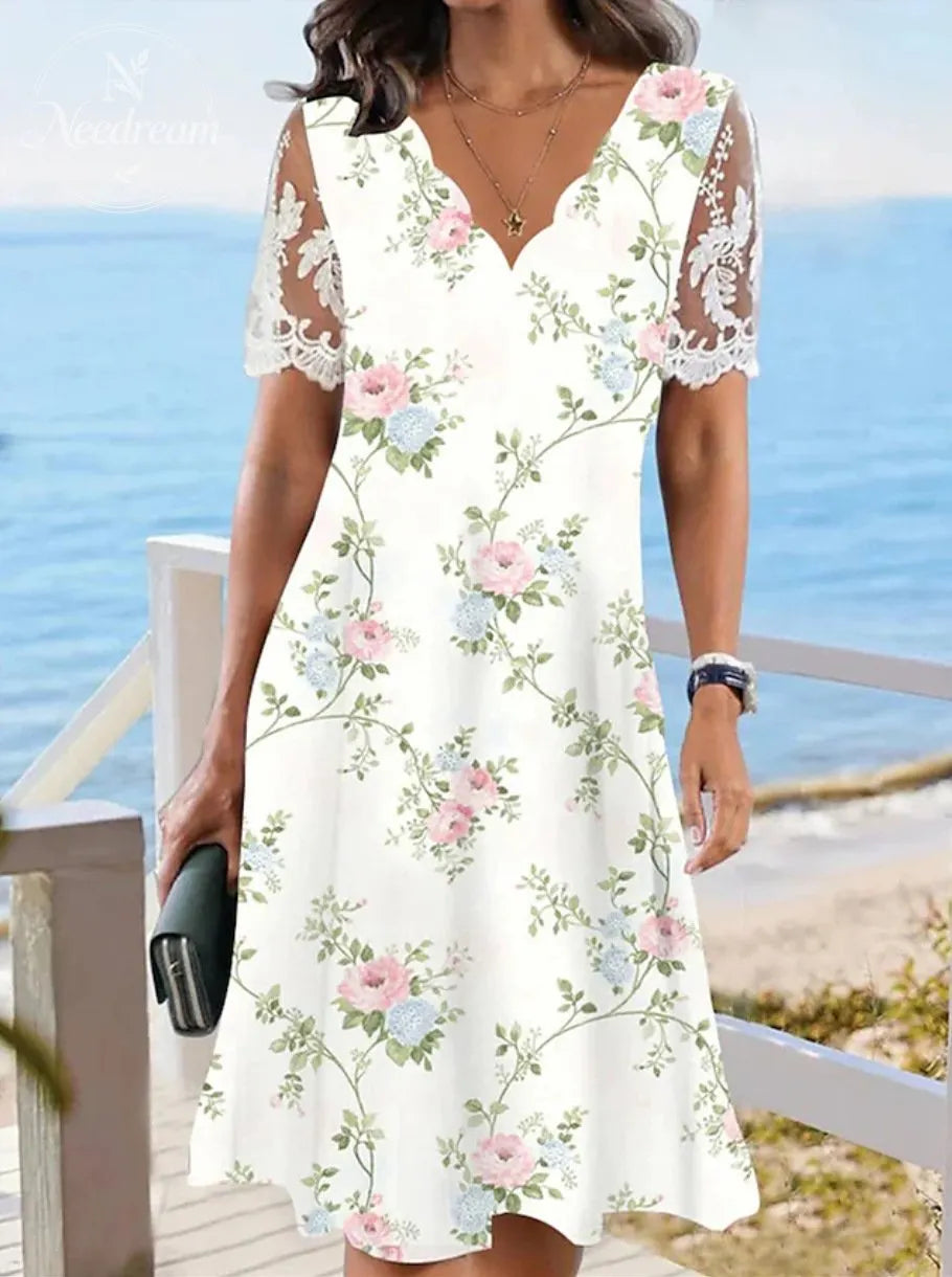 Wave-Neck Lace Short-Sleeved Floral Midi Dress