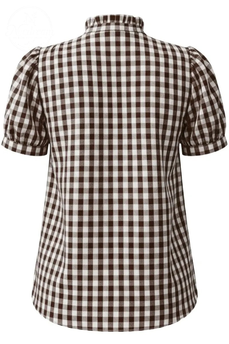 Women Puff Sleeve Plaid Blouses Dressy Casual Business Tops Ruffled Tirm Henley Shirts