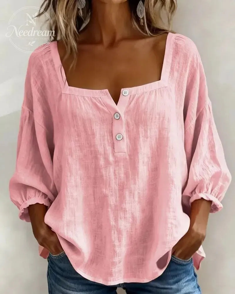 🌸Pink Square-Neck Half-Button Shirt