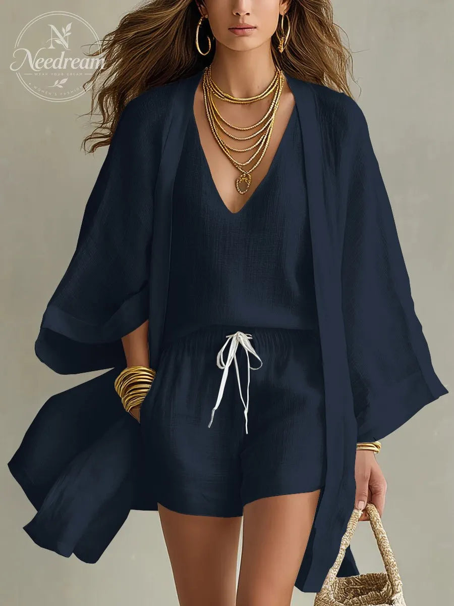 Loose Cardigan And Drawstring Shorts Three-piece Set