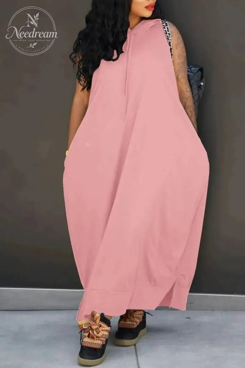 Women's Plain Drawstring Hooded Tank Dress, Casual Basic Pocket Sleeveless Dress