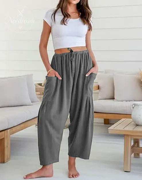 Womens Linen Wide Leg Pants Casual Loose Beach Palazzo Harem Pants with Pockets Summer Outfit