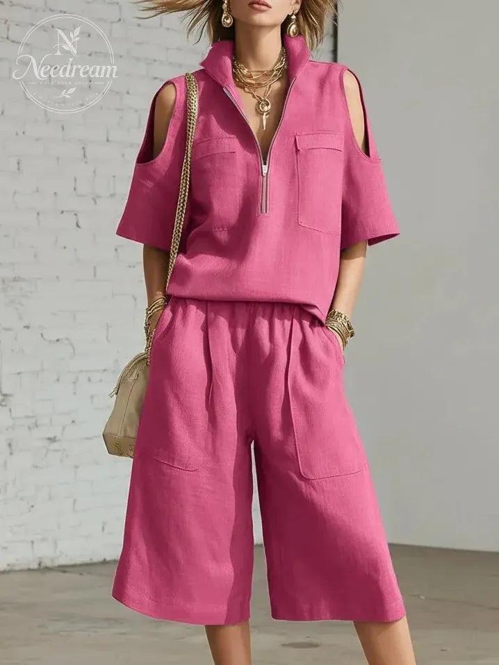 Stand-Up Collar Zipper Off-Shoulder Short-Sleeved Top And Cropped Wide-Leg Pants Two-Piece Set