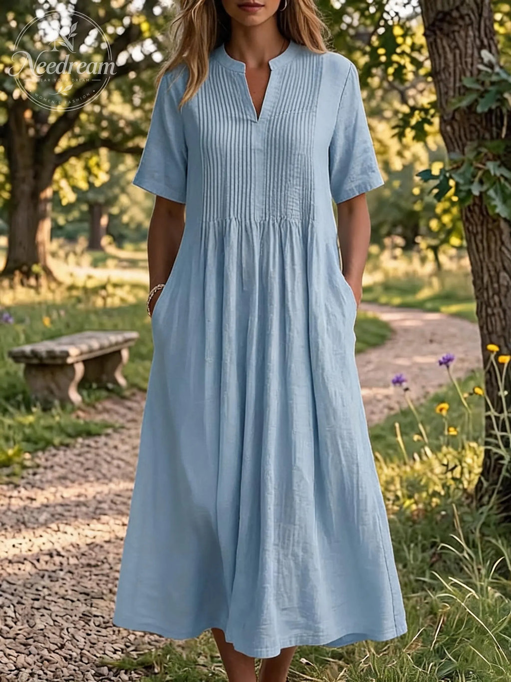 🔥 Women'S V-Neck Short-Sleeved Pleated Cotton-Linen Dress