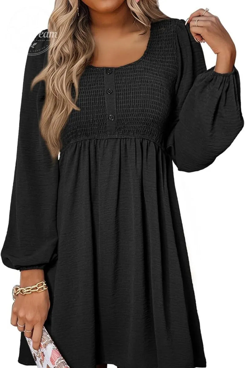 Smocked Crewneck Button Up Long Sleeve Empire Waist A-Line Mini Dress