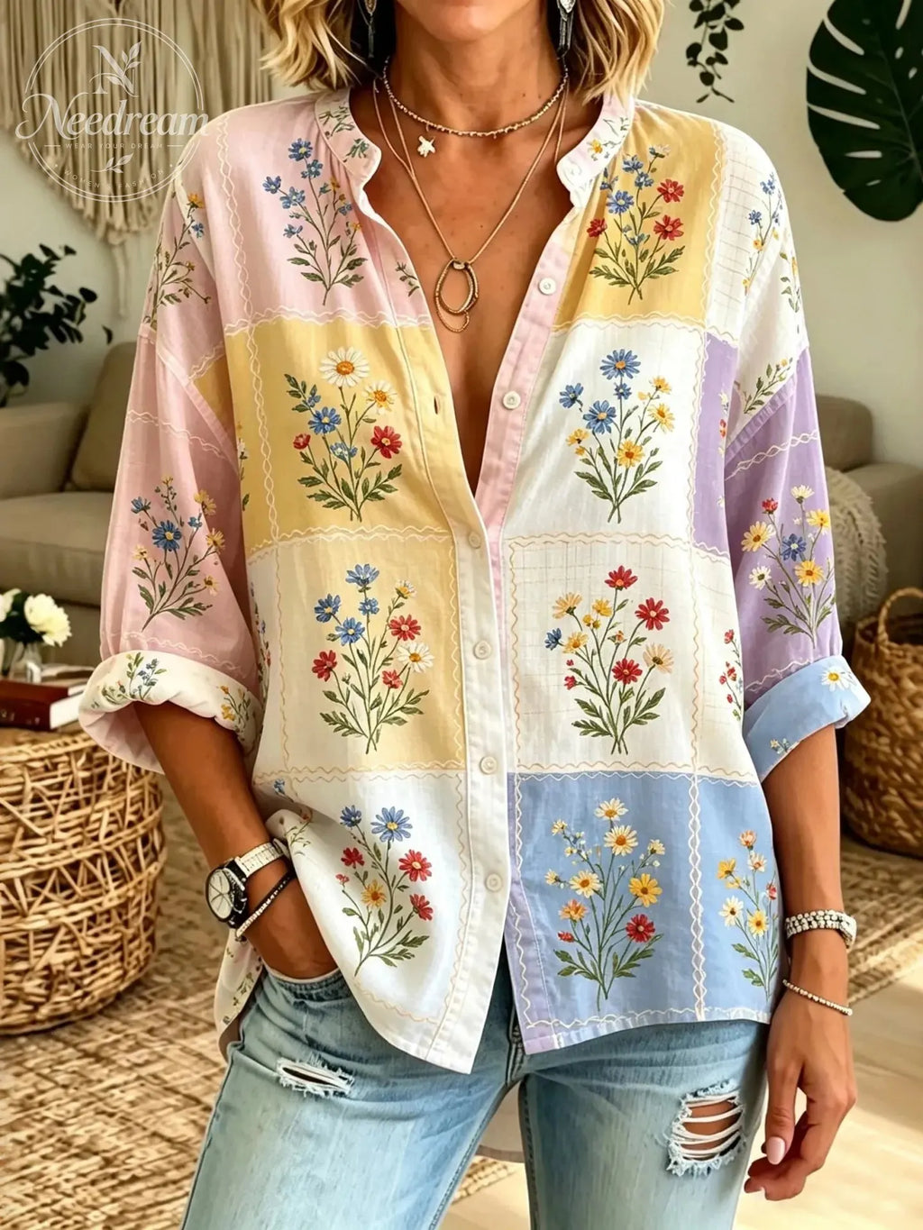 Women's Floral Patchwork Art Print Long Sleeve Shirt