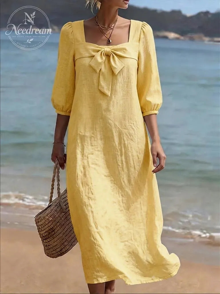Stylish Square-neck Linen And Cotton Bow Dress