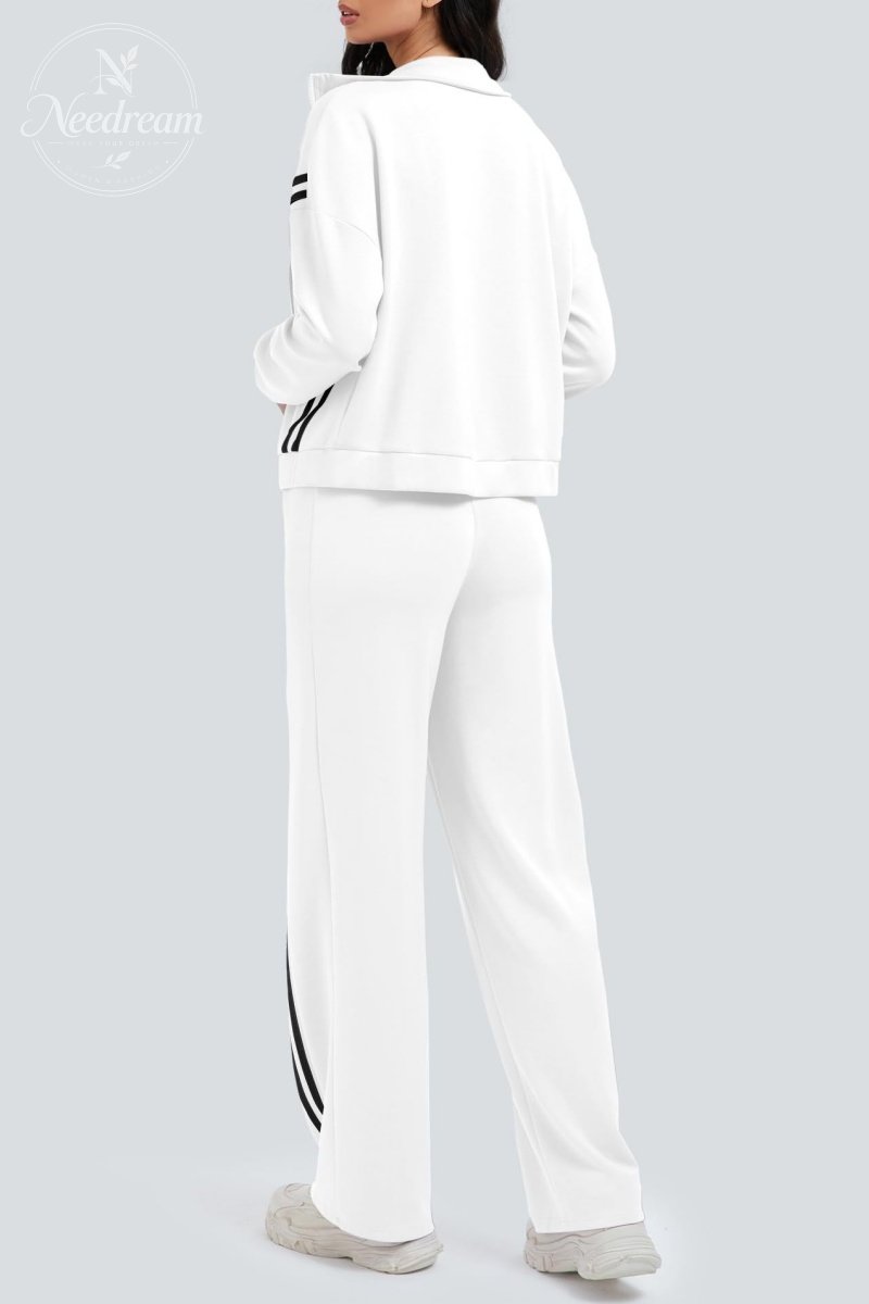 Zippered Tracksuit With Color-blocked Striped Wide-leg Pants