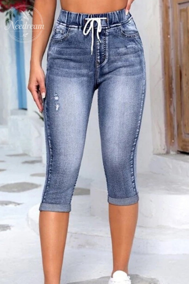 Women'S Casual Jeans, High-Waisted Design, With Drawstring