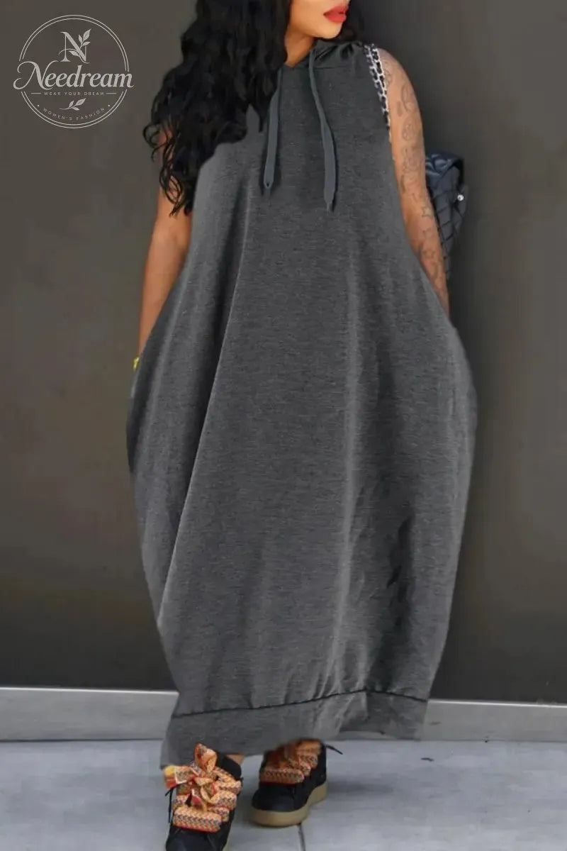 Women's Plain Drawstring Hooded Tank Dress, Casual Basic Pocket Sleeveless Dress