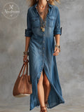 Vintage Washed Denim Shirt Maxi Dress