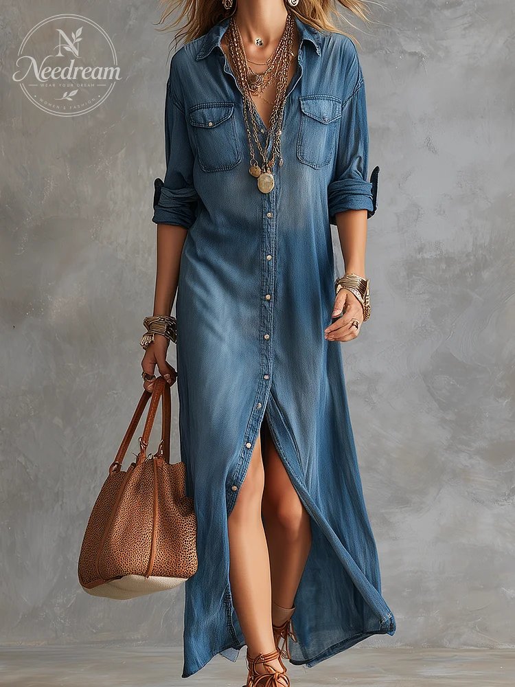 Vintage Washed Denim Shirt Maxi Dress