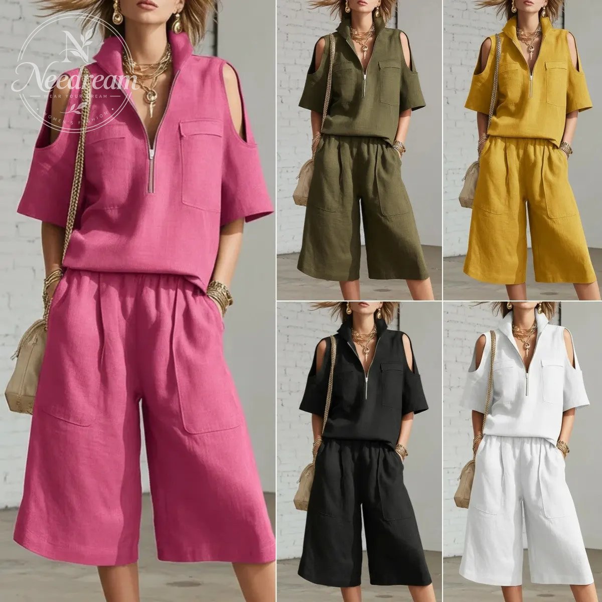 Stand-Up Collar Zipper Off-Shoulder Short-Sleeved Top And Cropped Wide-Leg Pants Two-Piece Set