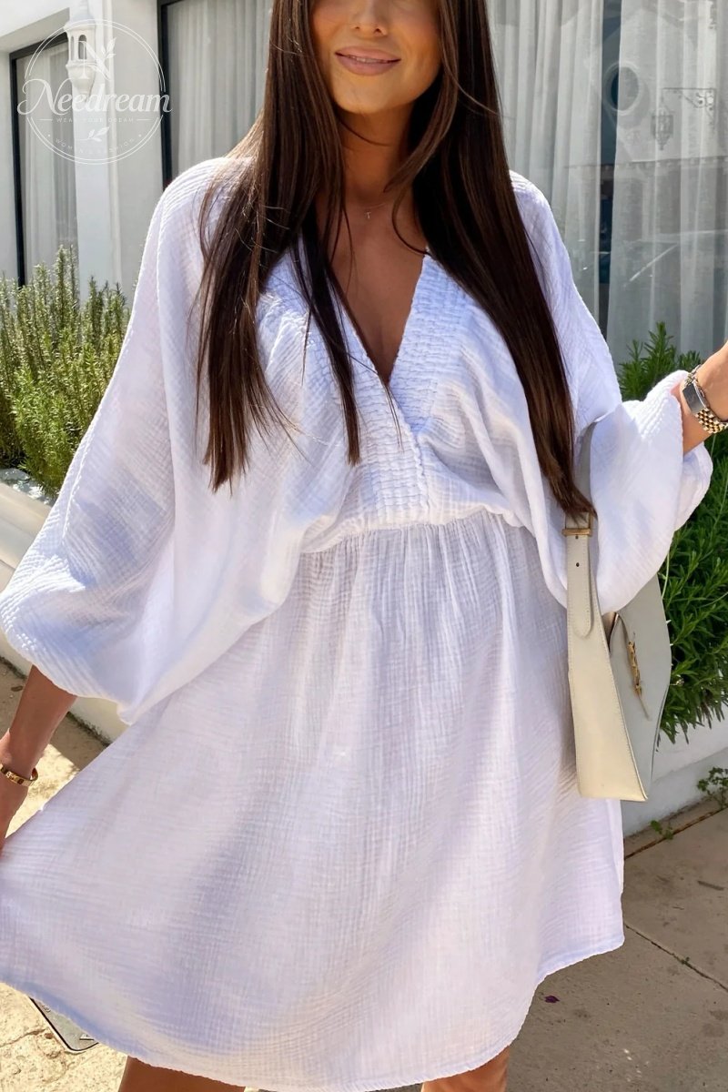 Cheesecloth Ruched Detail V-Neck Dress