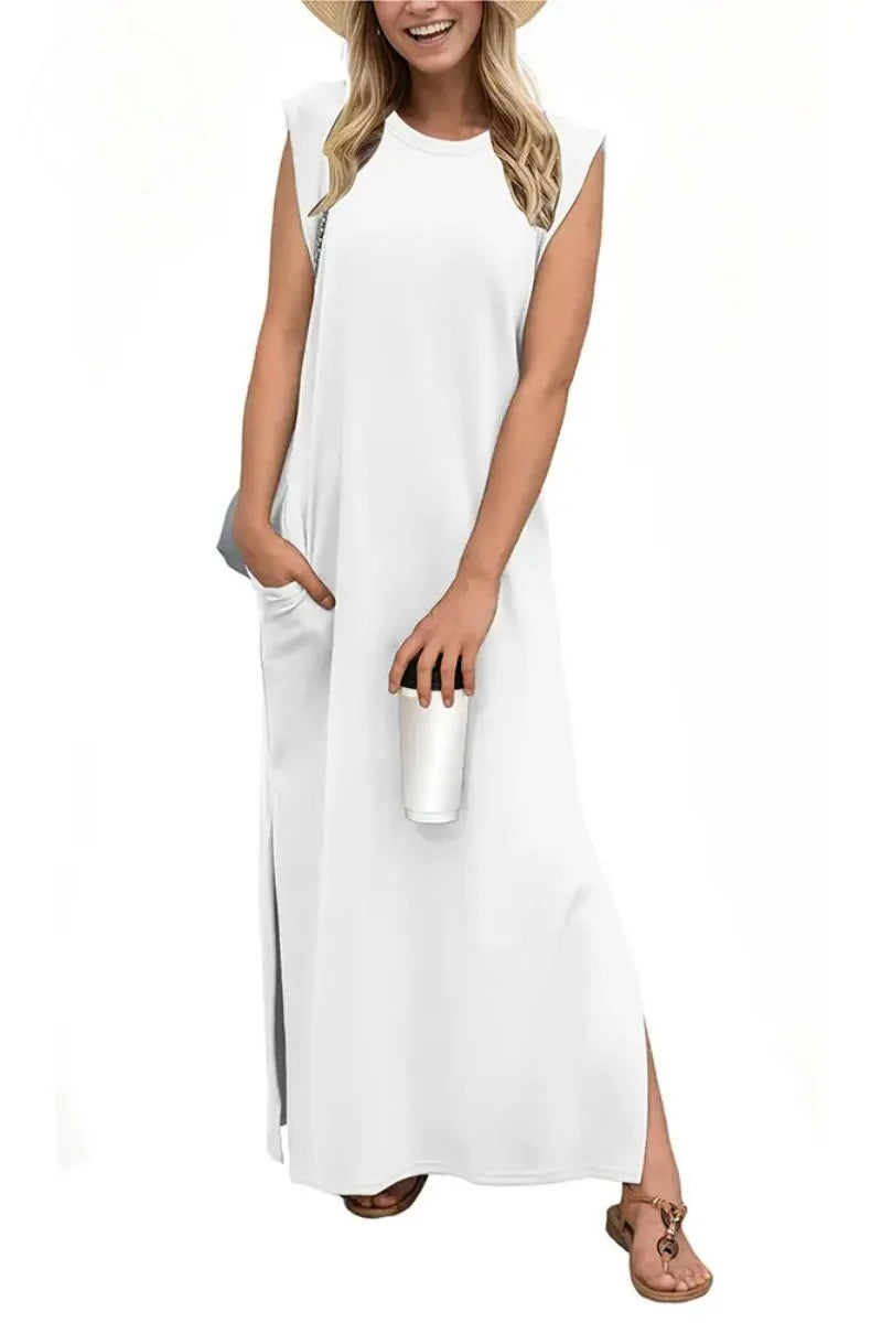 Women Summer Round Neck Casual Loose Split Wrinkle-Free Long Maxi Vacation Dress with Pockets